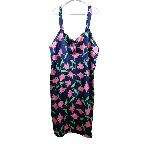 CACIQUE‎ Floral Navy Pink Nightgown SZ 18/20 Satin Liquid Second Skin Scalloped - Picture 1 of 16